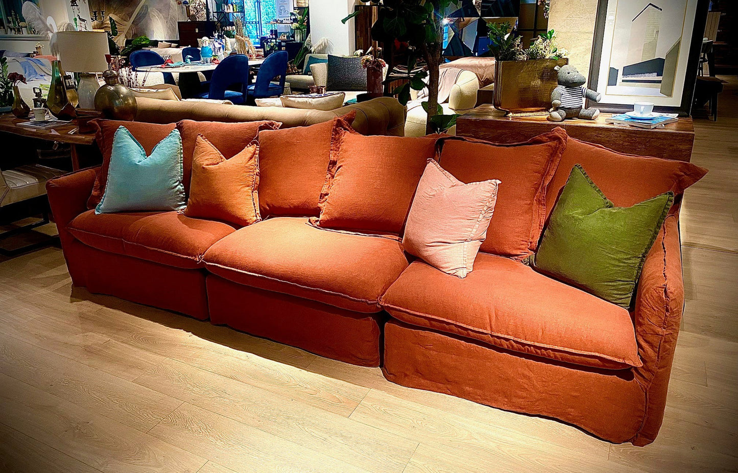 Oasis Washed Linen 3 Seat Modular Slip Cover Sofa - Rust