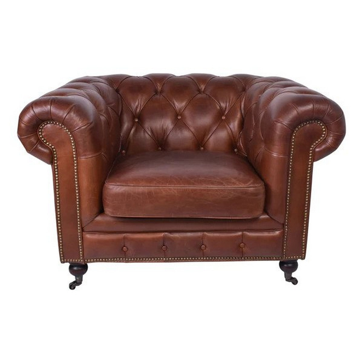 Chesterfield Aged Leather Sofa Chair - Vintage Cigar