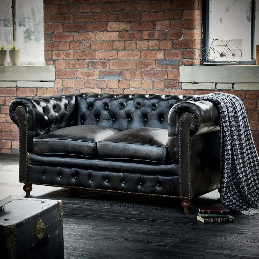 Chesterfield Aged Leather 2 Seater Sofa - Belon Black